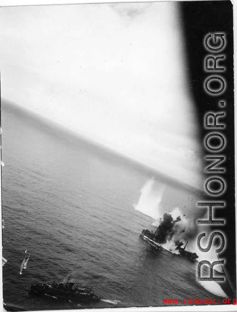 Bomb hit on Japanese ship, likely in South China Sea. A clearly very destructive hit on Japanese shipping by B-25 Mitchell bombers.
