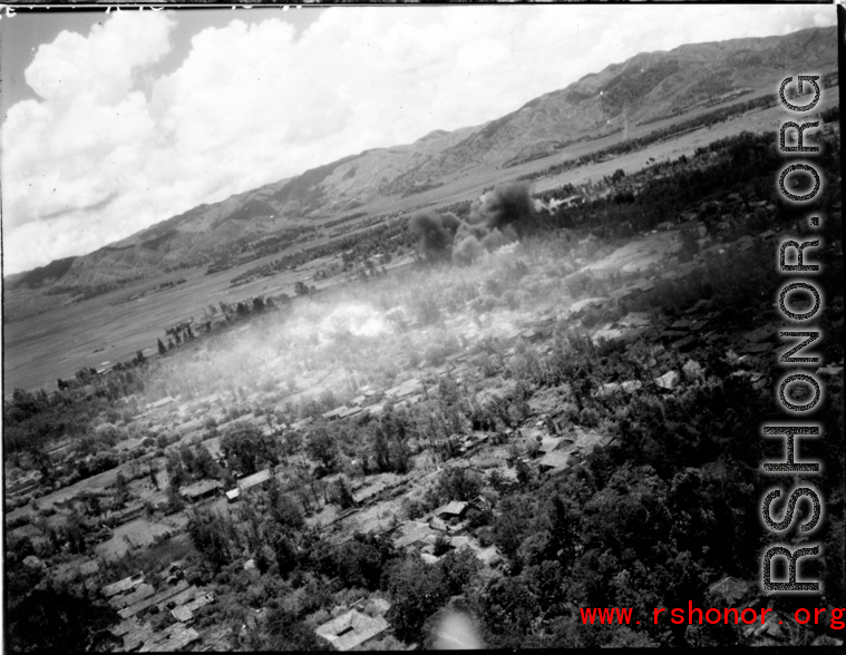 B-25 Mitchell bombers during battle with Japanese ground forces, flying over Tengchung (Tengchong), near the China-Burma border in far SW China.
