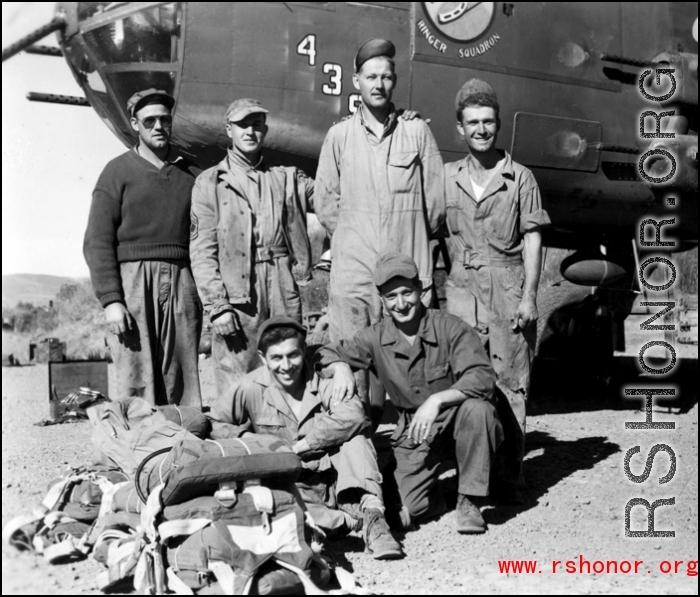Maintenance and support personnel take the opportunity to pose together, with the B-25J, #439. 491st Bomb Squadron, Yangkai AB, China.  Does anyone recognize these men, or have any additional background to provide? Please contact us.