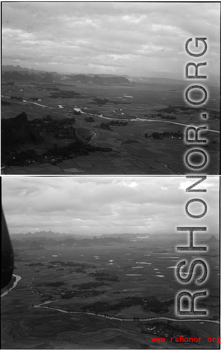 Landscapes as seen from a B-25 Mitchell, in SW China, or Indochina, or the China-Burma border area.  Karst mountains can be seen in the distance.