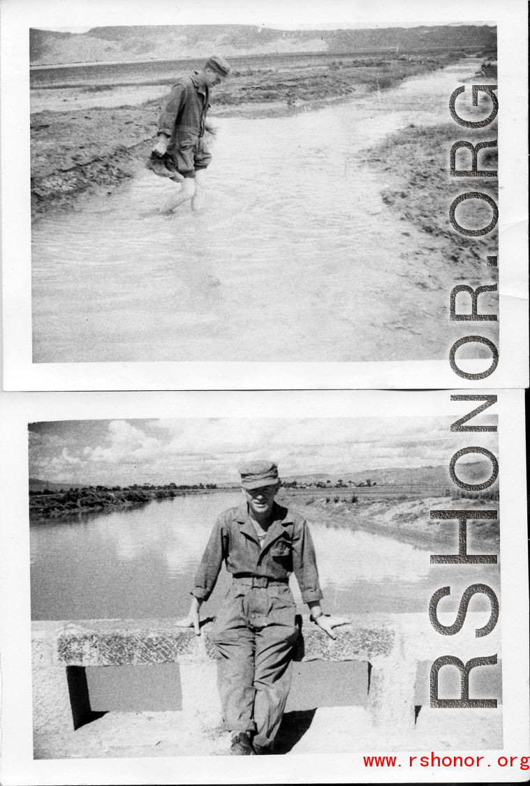 GI crossing a water-filled ditch, boots in hand. And GI leaning against bridge rail at Luliang. During WWII.