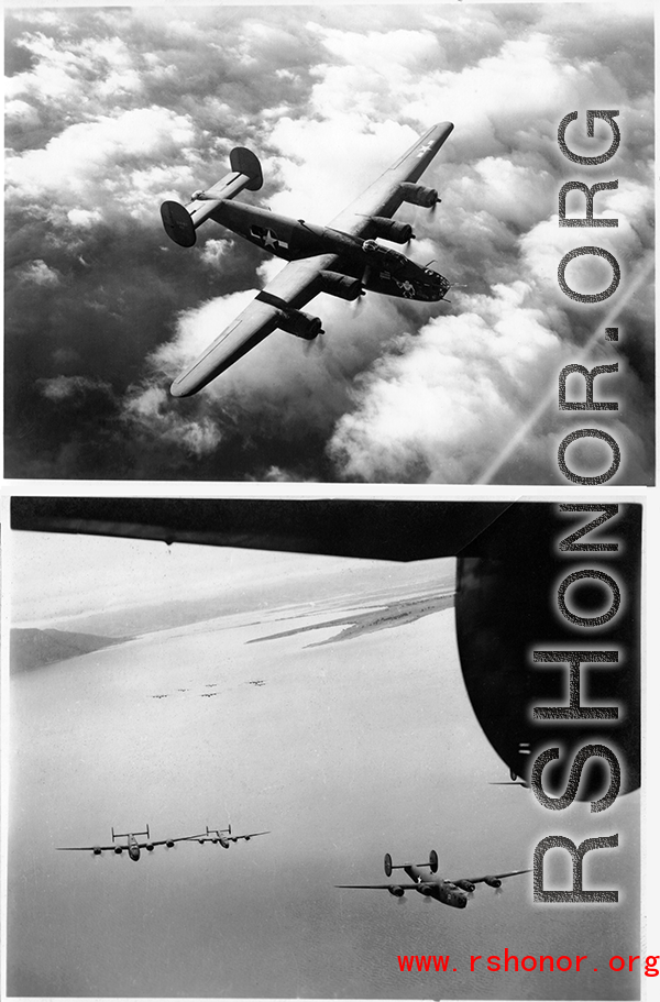 B-24s in flight in the CBI during WWII, including "The Goon" (tail #124183) in the top image.