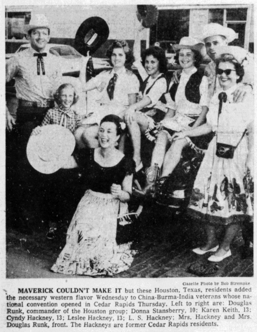 A very active post-war Douglas Runk (far left), in parade at CBI national convention in Cedar Rapids. (From Cedar Rapids Gazette August 4, 1960.)