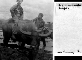 GI riding water buffalo near Kunming, China, during WWII, while young Chinese farmer helps (and tolerates).