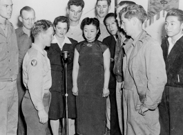 Californians of the 425th Bomb Squadron and WASC record "Yanks In The Orient" for later transmission in the US. Kunming, China, November, 1944. M.C. was Lt. Bert Parks, later of post-war fame as the M. C. of the Miss America Pageant.  Photo from Robert L. Cowan.