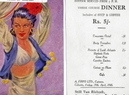 A menu for a three course dinner at a restaurant in Calcutta, India, during WWII.  Supplied by Jay Anderson.