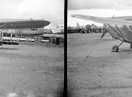 A L-5 Stinson, tail number #298836, at an American base. C-46s, B-24s, and P-51s is various states of disassembly can be seen in the background.  Yunnan province, China, during WWII.