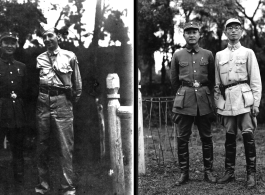 In left image a Chinese officer and Eugene Wozniak pose together; in the right image two Chinese officers pose together. In Yunnan, China, during WWII.