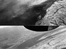 Aerial view of river delta with fields and camouflaged air field in either SW China, Burma, or French Indochina, in the CBI, during WWII.