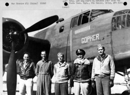 A crew of the 11th Bomb Squadron, 341st Bomb Group, stands besides their B-25 "Gopher" somewhere in China on 2 February 1943.  They are:  Capt. Allen P. Forsythe Lt. Albert G. Biggs Capt. Horace E. Crouch S/Sgt. William Williams S/Sgt. Roland Palagi  Image courtesy of Tony Strotman.