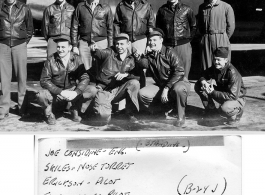 Crew with a B-24J. Given that Mazer is a just commissioned "shavetail" 2nd Lt, this image is early in his career, likely while in navigator training stateside (or just possibly enroute to the CBI).  Notice that the photographer or a censor has whited-out the plane serial number and other info.  Joe Considine, Skiles, Erickson, Eisenstat, Schumacher, Pete Abrogast, Zimmerman, Axtell, Mazer, Rigsby.  (Thanks to Tony Strotman for additional information.)