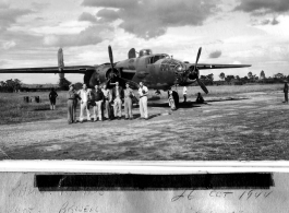Crew of 341st Bombardment Group with B-25 in China on October 26, 1944.  Radio--? Haynes?  Pilot - Biswell  Tail gun - Murphy  Bomb - Piazza  Copilot - Burgess  Eng/Top turret - Waskiewisz  Navigator - Seymour Mazer