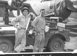 Radar men at Chenggong air base, Yunnan, China. During WWII.  Ira Underwood, Bill Lesak.  374th Bombardment Squadron B-24 "Massa's Dragon" #42-109862 in revetment at Chenggong.