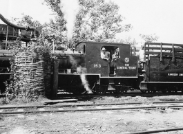 Steam engine named "The General Yount" of the Rangoon Limited in Burma.  During WWII.  797th Engineer Forestry Company.