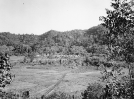A tent camp in the forest in the distance, of the 797th Engineer Forestry Company, in Burma.  During WWII.