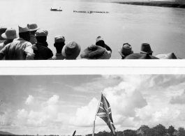 Festive longboats and crews rowing, following a boat flying a Union Jack, at an activity in Burma.  In Burma near the 797th Engineer Forestry Company.  During WWII.