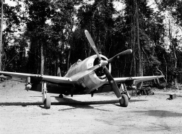 A Republic P-47 Thunderbolt at an airstrip in Burma.  Aircraft in Burma near the 797th Engineer Forestry Company.  During WWII.