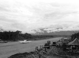 A Republic P-47 Thunderbolt at an airstrip in Burma in 1944.  Aircraft in Burma near the 797th Engineer Forestry Company.  During WWII.