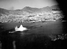 Bomb explosion on a mission on Hong Kong, 491st Bomb Squadron. Victoria Harbor, Hong Kong, October 16, 1944 Extracted from "The Record – 11th Bomb Squadron" Created by Squadron Personnel in 1945