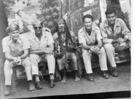 ATC flyers pose with fakir at Dibrugarh, India, during WWII, in August 1945.  Left to right:      Lt. Jerry Pyle, Capt     Jim Cunningham     CO Lt. Bob Boswell     F/O Dick Harris