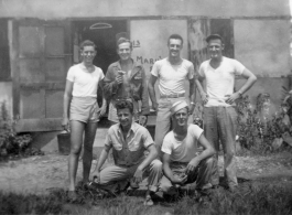"The Gang: Luke, Guff, Harry, Tom  Stan & Jughead."  Leonard J. Lueken (Radar Operator), Martin H. McGuffin (Gunner), Harry Russell (top turret gunner), Thomas Carroll (Gunner), S/Sgt. Stanley Berman (Engineer), S/Sgt. Wayne "Jughead" Shirley (nose gunner).  Crew of B-24 bomber of the 9th Bombardment Squadron, 7th Bombardment Group, 10th Air Force, pose in front of lodging or office during WWII.