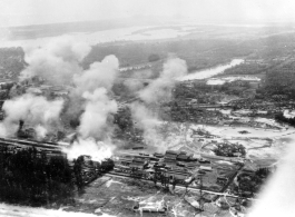 Low altitude bombing at Van Trai Marshalling yards, in Tourane (now Da Nang), French Indochina.  22nd Bombardment Squadron.