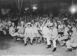 "Jewish Passover services, Burma" during 1945. 10th Air Force.  Ned Levey is sitting far left.