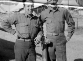 Douglas Runk (right) and another GI at an American tent camp on Burma Road in the Xiaguan/Dali area, near the outlet to Erhai Lake. During WWII.