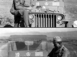 Douglas Runk (top image) lays out his gear, including a pistol, somewhere in SW China during WWII. The lower image might be another GI.  The symbol painted on the middle under the jeep's windscreen indicates US Army's Y-FOS liaison team attached to Chinese Y-Force.