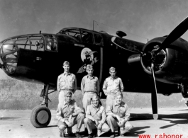 Unidentified aircrew members of the 491st Bombardment Squadron at Chakulia AB, India. The Squadron's early emblem (1942-43) representing "The Bomb Jockeys" shows clearly on the side of the B-25C. The insigne was not officially accepted. Late in 1943, their "Ringers Squadron" moto and emblem were accepted.  (Information courtesy of Tony Strotman)