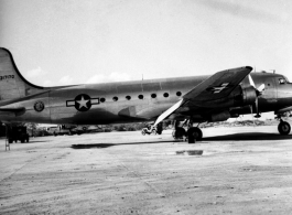 A C-54 transport in the CBI, tail number #317170.  From the collection of David Firman, 61st Air Service Group.