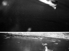 Two views of an attack on the same Japanese ship in Hong Kong harbor. These two images, in such close succession, tell us that there were at least two photographers on that mission.  One was T/Sgt Vollmer, tailgunner.  From the collection of Eugene T. Wozniak.  From a mission on Hong Kong, 491st Bomb Squadron. 