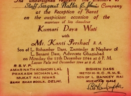 Wedding invitation in India to Staff Sergeant Walter E. Johnson, December 1944, for one of his clerks, Kanti Pershad.