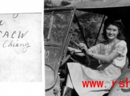 Edna Yuen Chiang at the driver seat of a  12th Air Service Group's jeep at Peishiyi, China, during WWII. 
