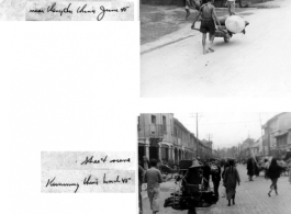 Daily life in SW China in 1945--pig on wheelbarrow near Chengdu ,and street scene in Kunming.