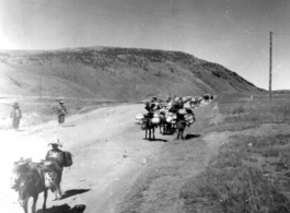 Mule or donkey trains in Yunnan province, probably in the Yangkai area.  From the collection of Frank Bates.