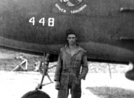 Frank Willard Bates with B-25 #448, at Yangkai, about June 1944. During WWII.  From the collection of Frank Bates.