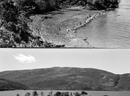 Here are two views of their campsite on a tiny peninsula into the lake. As of the year 2016 that tiny peninsula is still there, but the area is developed now with extsensive buildings nearby, and the setting in general is not nearly as rural or remote--A regular paved road goes by the site and along the lakeside.