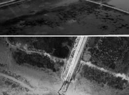 Images from a fly-over to confirm bombing effectiveness on a bridge in southern China or Indochina, during WWII.