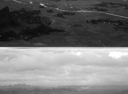 Landscapes as seen from a B-25 Mitchell, in SW China, or Indochina, or the China-Burma border area.  Karst mountains can be seen in the distance.