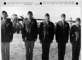 Members of the 341st Bomb Group are presented awards in 1942 in China on 20 December 1942.  They are:  Lt. Dallas Clinger Col. Herbert Morgan Col. William E. Basye Capt. Campbell Sgt. Doug Radney