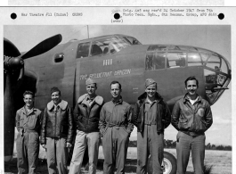 A crew of the 11th Bomb Squadron, 341st Bomb Group, stands beside their B-25 "The Reluctant Dragon" somewhere in China on 2 February 1943.  They are:    Capt. John C. Ruse Lt. George E. Robertson S/Sgt. Elden E. Shirley (KIA on 8 May 1943 on "Lonesome Polecat") James W Broughton S/Sgt. Dell Ogden S/Sgt. Charles Mohr