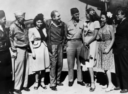 Celebrities visit China during WWII: General Claire L. Chennault with USO entertainers in Kunming, China, October 26, 1944, including Jinx Falkenburg, Betty Yeaton, and Jimmy Dodd.