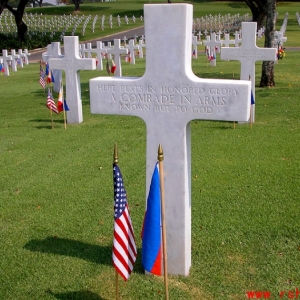 Cross marker at the Manila American Cemetery and Memorial in the Philippines. The site occupies 152 acres on a prominent plateau, visible at a distance from the east, south and west. It contains the largest number of graves of our military dead of World War II, a total of 17,202, most of whom lost their lives in operations in New Guinea and the Philippines. The headstones are aligned in 11 plots forming a generally circular pattern, set among masses of a wide variety of tropical trees and shrubbery.  The ch