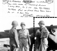 T/Sgt. Harold. D. Robertson (inset in image), ASN 17052777, disappeared during an L-5 flight on 7 May 1944. (Also in the image is Rex Davis, and Floyd Whitney; image taken at Desert Army Air Base, California, summer 1943. Image provided by 5th Liaison Squadron Flight Line Chief R. J. Koppel.)