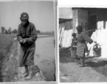 An elderly Chinese man poses on the edge of a rice paddy, and an elderly Chinese woman (with bound feet) carries buckets on a shoulder pole. During WWII.