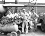 At #444's engine change, Yangkai, China, July 1944. S/Sgt Domonique Beaudetter, T/Sgt George Butsika, S/Sgt Elmer Peterson, S/Sgt Joseph Burns, M/Sgt John Aspinwall, T/Sgt Karl Hammett, S/Sgt Frank Bert. (Info courtesy Tony Strotman)