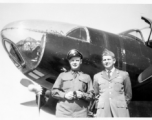 Two American flyers with A-26C Invader warplane. Seymour Mazer on the left.  The 491st began converting to the A-26 in late July 1945. However, the 491st planes would likely not have been all black (i.e., a night intruder aircraft) which typically was not done until Korea-era. Mazer would have been navigator, the other officer wears pilot's wings.  (Thanks Tony Strotman for additional info.)