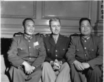 Party at Governor Lung's of Yunnan Province on December 16, 1944. Gen. Lu Han, Maj. Gen. Wedemeyer, and Gen. Kwan.  Photo by Pfc. Thomas F. Melvin.  Passed by censor William E. Whitten.