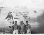 Flyers pose with B-24J bomber "Cactus Kid," serial #44-40857. 10th Air Force, 7th Bombardment Group, 9th Bombardment Squadron.  Walter Wegner on far left.  During WWII.